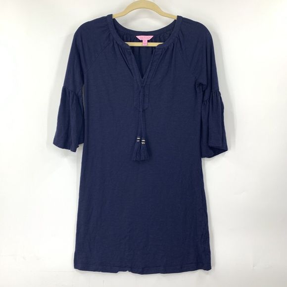 Lilly Pulitzer De Lago Tasstled Dress Flare sleeves Navy Blue Cotton Modal - Picture 4 of 10